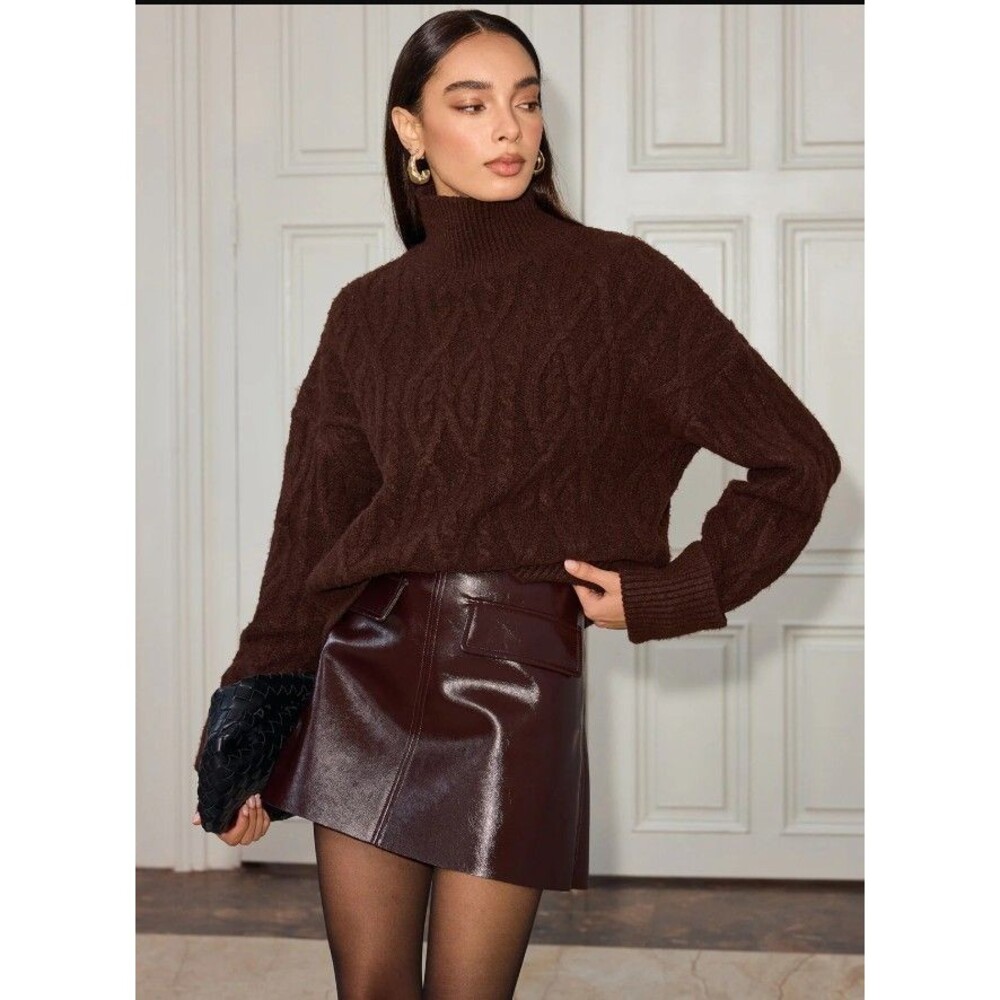 COMMENSE Women’s Brown Cable Knit Turtleneck Sweater Chunky Knit Pullover LARGE